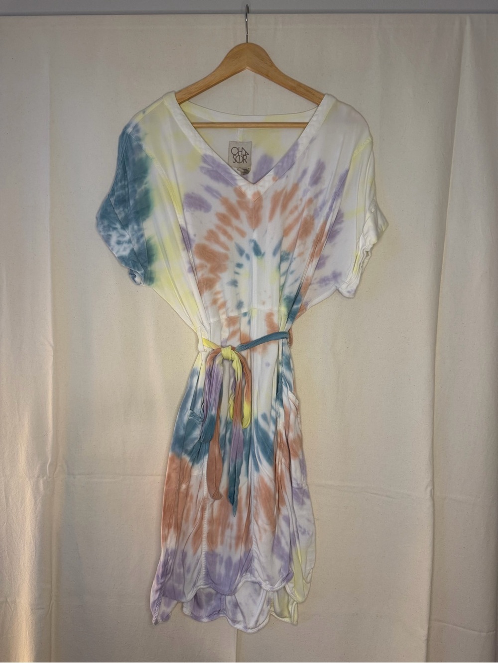 Tie-Dye V-Neck Belted Dress in Pastel Multi